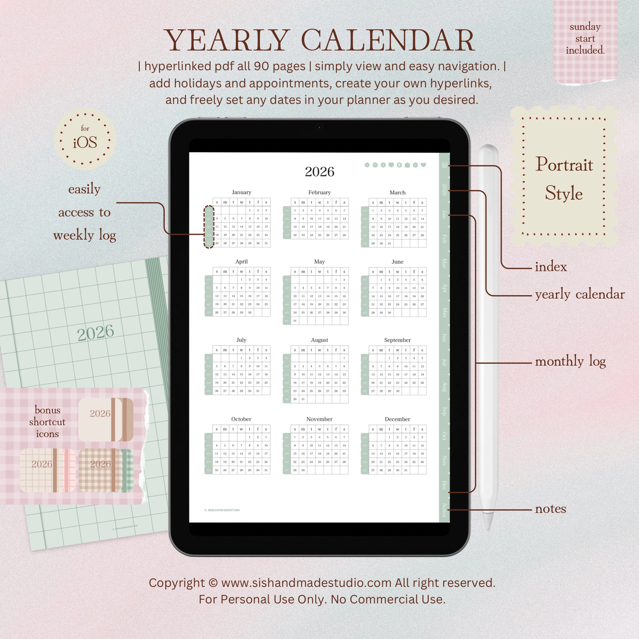 Digital Planner 2026-Portrait-Green - Image 6